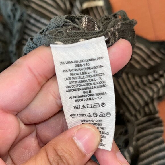 Free People M Striped Long Sleeve Top Olive Lace Accents Cotton Blend Womens Boh - Picture 8 of 9